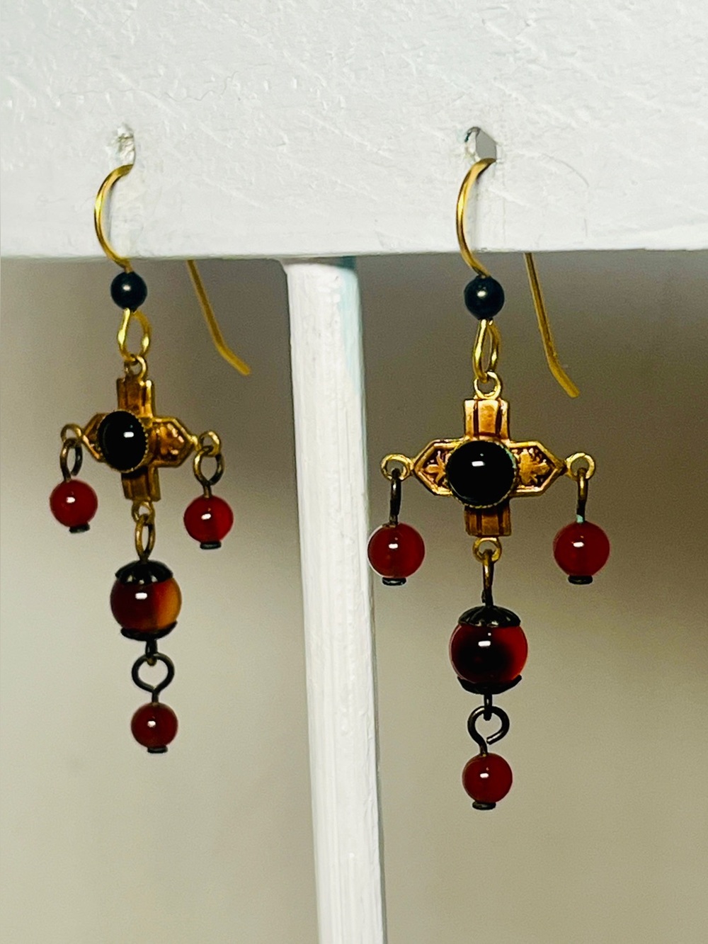 Vintage Cross Gold-Toned Gothic Revival Style Red & Black Beaded Dangle Earrings